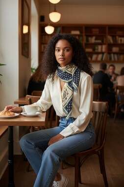 Navy and Cream Medallion Daisy Print Pleated Square Scarf
